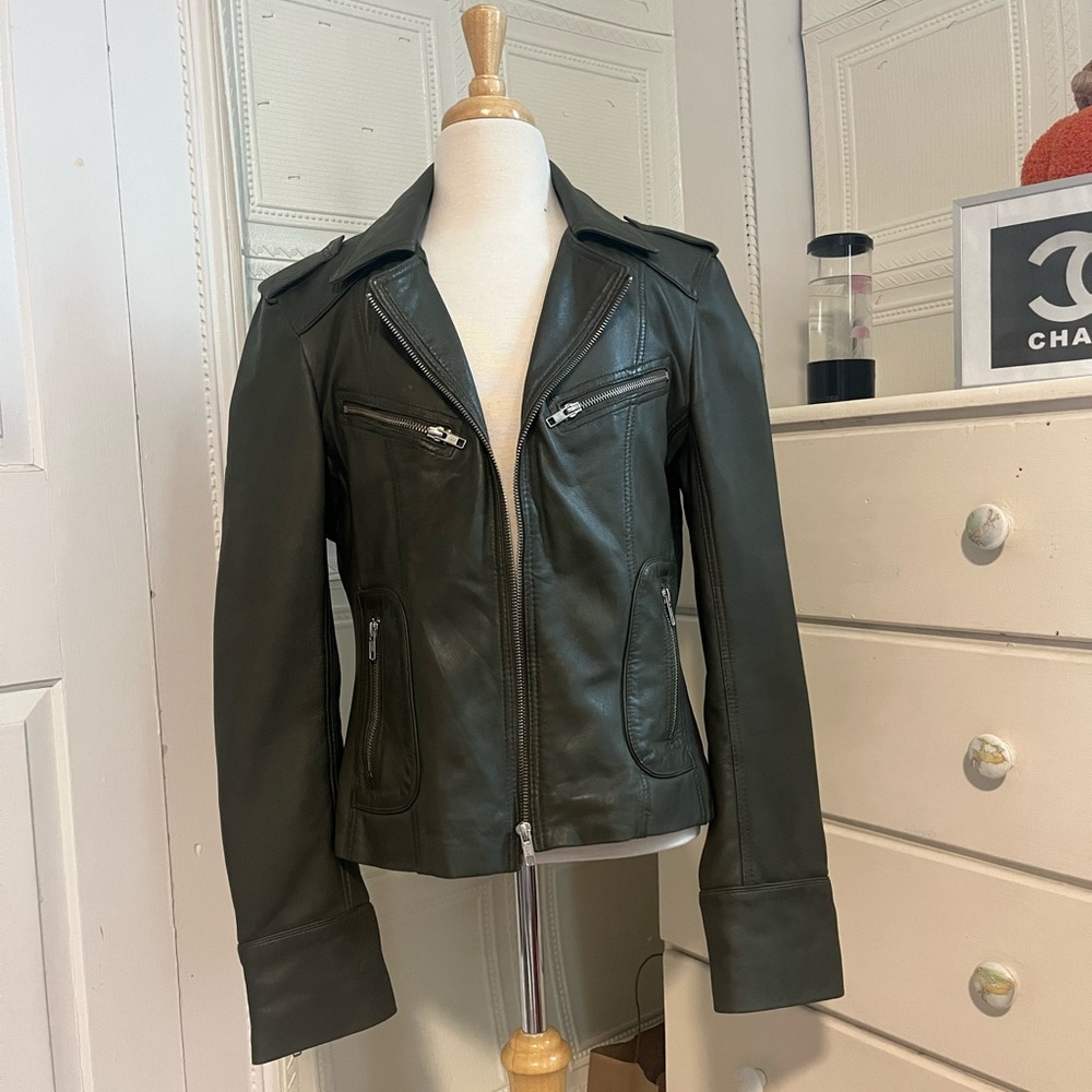 Vintage Forest Green Genuine Leather Moto Jacket Carrie Horton Size 14